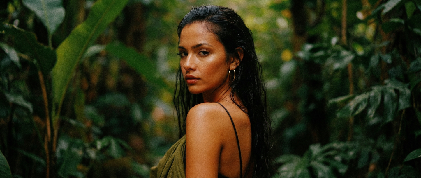 Close-up portrait of a woman with wet dark hair and gold hoop earrings standing in lush tropical greenery, glancing over her shoulder with soft, natural light highlighting her skin against the deep green jungle backdrop.