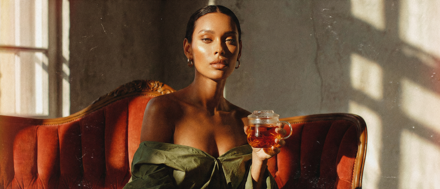 Woman holding a glass of whiskey on a red couch with a textured wall background